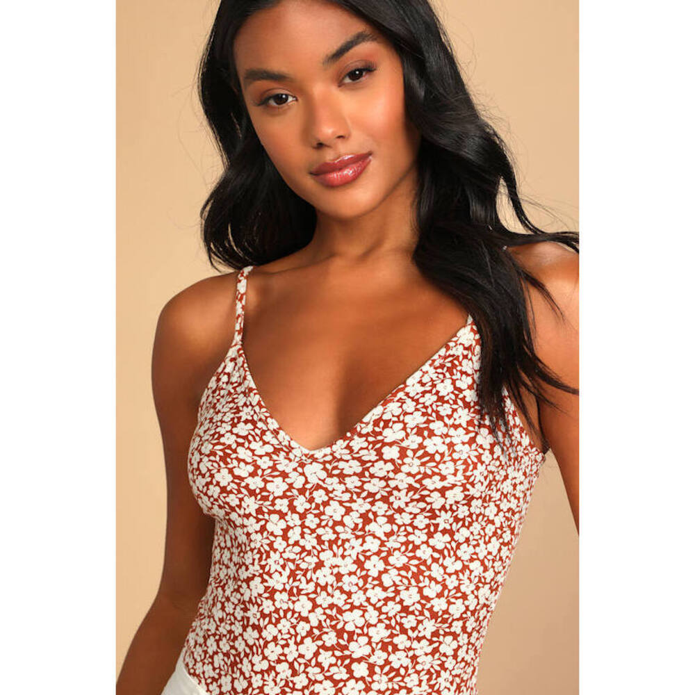 Lulus Each And Every Bloom Rust Brown Floral Print Sleeveless Bodysuit - Size M